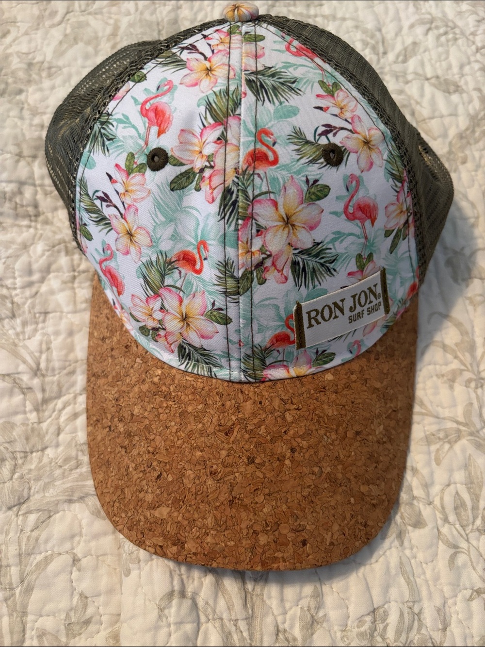 Ron Jon Floral Flamingo Cork-Brim Trucker Hat - Pink, Green, Brown